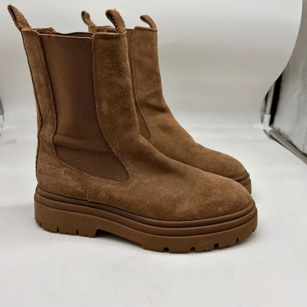 Zara Tan Suede Lug Sole Chelsea Boots Mid Calf Platform 39 - Picture 3 of 8